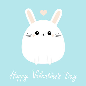 Happy Valentines Day. White bunny rabbit icon. Funny head face. Cute kawaii cartoon round character. Pink heart. Baby greeting card template. Blue background. Flat design.