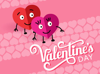 Two lovely paper loving hearts. Caption Valentines day . Postcard for Valentine s Day. Vector illustration.