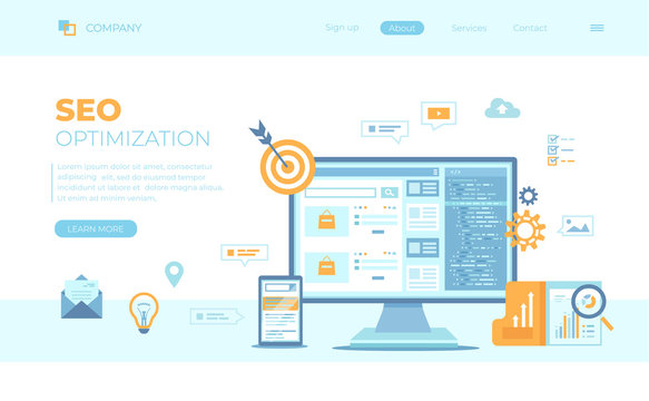 SEO concept, Search Engine Optimization, Web analytics. Monitor and phone with search results website on the screens. Can use for web banner, landing page, web template. Vector illustration