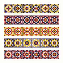 Tile border pattern vector seamless. Blue, yellow and red mosaic ornament texture. Portuguese azulejos, sicily italian majolica, mexican talavera, spanish, moroccan arabesque motifs.