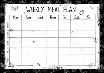 Cute A4 template for weekly and daily food planner with lettering and doodle drawings of food, on black background with chalk board effect and scuffs.