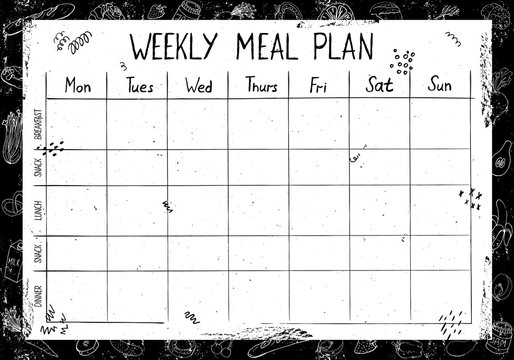 Cute A4 template for weekly and daily food planner with lettering and doodle drawings of food, on black background with chalk board effect and scuffs.