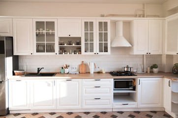 Light modern kitchen in cozy house. Home interior.