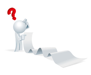 Cute little white Simplified man looking at a long list don't know what to do