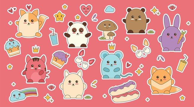 Kawaii animals patch face vector. Anime sticker with doodle art.