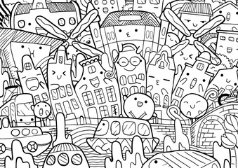 Amsterdam city in line art style.