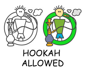 Funny vector stick man and hookah in cute style. Allowed kalian sign green. Not forbidden symbol. Sticker or icon for area places. Isolated on white background.