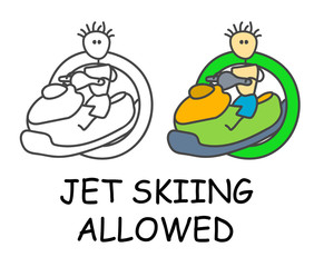 Funny vector stick man on Jet Ski in children's style. Allowed waverunner sign green. Not forbidden symbol. Sticker or icon for area places. Isolated on white background.