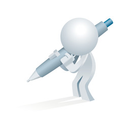 Cute little white Simplified man carry a giant ball pen and ready to sign a signature