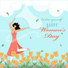 Faceless Young Girl holding Scarf in Running Pose with Flowers on Blue Clouds Background for Embrace Yourself, Happy Women's Day Concept.