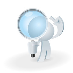 Cute little white Simplified man take a close look with a big magnifier glass