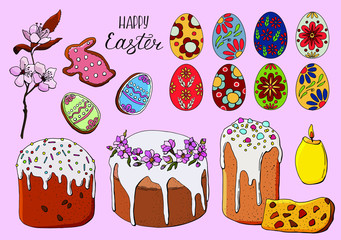 Big easter set. Lettering, Easter cakes, candle, painted eggs, gingerbread cookie, a sprig of blooming sakura. Stock illustration.