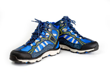 Winter, sports, waterproof men&rsquo;s boots in blue. On the lacing. Sports winter shoes. Comfort and activity.