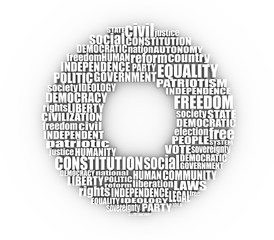 Word cloud with words related to politics, government, parliamentary democracy and political life. 3D rendering