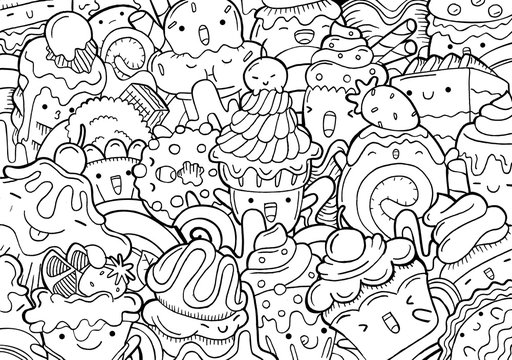 Sweet Dessert in line art style.