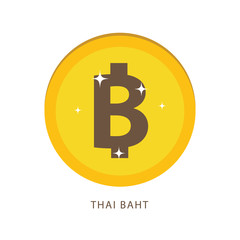 Thai baht currency symbol on gold coin flat style 
