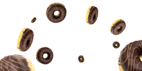 Flying cookie. Round sweet doughnuts in motion flying on white background