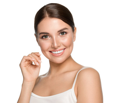 Beautiful teeth smile woman hand manicure nails healthy teets natural make up happy female beauty concept