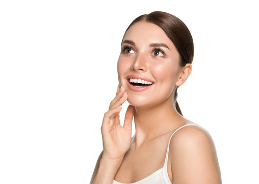 Beautiful teeth smile woman manicure nails healthy teets natural make up happy female beauty concept