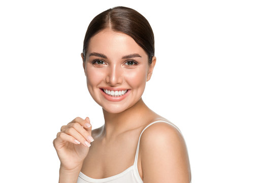 Beautiful teeth smile woman manicure nails healthy teets natural make up happy female beauty concept