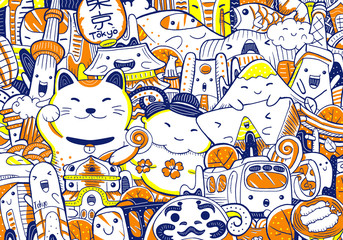Tokyo cityscape doodle in cute hand drawn style.