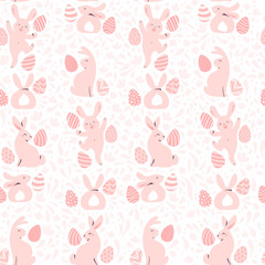 Fototapeta na wymiar Easter seamles pattern with decorated eggs and egg hunt bunny smiling characters silhouettes. For holiday cards, packaging paper, banner, etc. Vector illustartion.