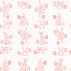 Easter seamles pattern with decorated eggs and egg hunt bunny smiling characters silhouettes. For holiday cards, packaging paper, banner, etc. Vector illustartion.