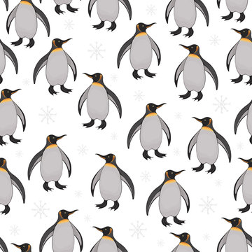 Vector seamless pattern with cute cartoon penguins and snowflakes.