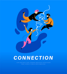 Connection abstract metaphor. People connecting plug and socket together. Secure internet connection, partnership, togetherness, communication concept. Vector flat illustration.