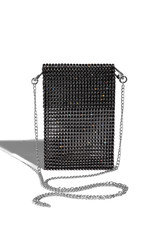 Subject shot of a black cell phone wallet made of shining rhinestones mesh with a long shoulder chain. The stylish phone purse is isolated on the white background with shadows.