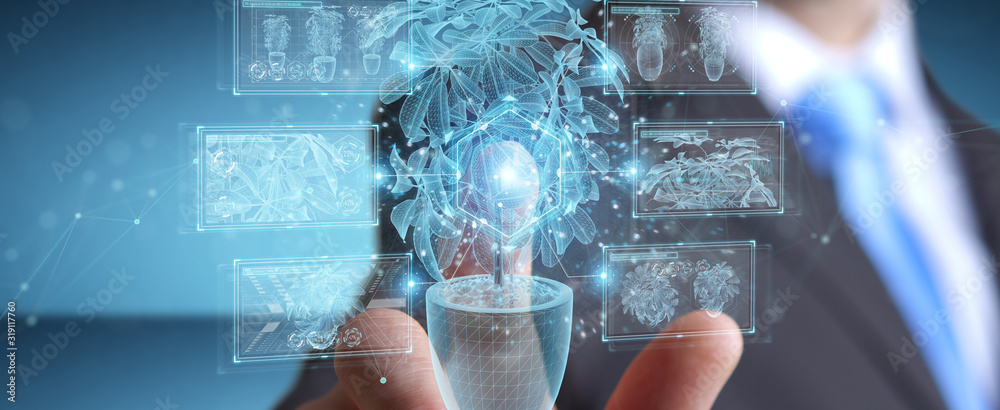 Leinwandbilder man holding and touching holographic projection of a plant with digital analysis 3d rendering