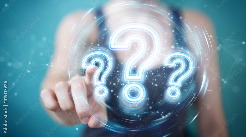 Leinwandbilder woman using digital question marks holographic interface 3d rendering