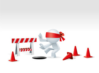 Cute little Simplified man walking blind with eye covered with red ribbon and come to a under construction site