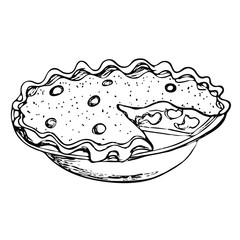Sweet pie on the plate isolated on white background. Happy Thanks giving day vector hand drawn illustration. Black and white outline sketch in vintage style for menu,  restaurant, recipe.