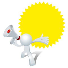 Cute little Simplified man shouting with a megaphone speaker about the special offer promotion during the grand opening