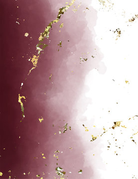 Dark Burgundy, Wine Color Watercolor And Gold Foil Background. Dark Red Luxury Background.