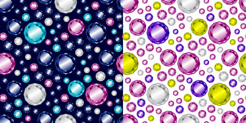 Colorful shiny realistic crystals seamless patterns set