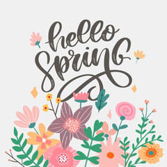 Hello Spring Flowers Text Background letterung slogan
