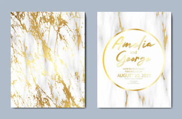 Fototapeta na wymiar Wedding Invitations save the date card design with elegant white marble with gold.Beautiful abstract golden template on light backdrop.