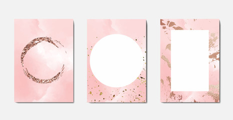 Gold wedding card in vintage style on pink background great design for any purposes. Watercolor illustration. Vector pink border template.