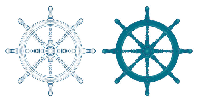 Ship steering wheel hand drawn monochrome illustrations