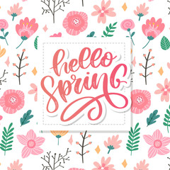 Hello Spring Flowers Text Background lettering slogan