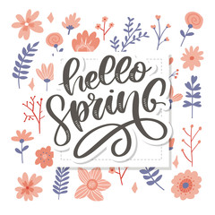 Hello Spring Flowers Text Background lettering slogan
