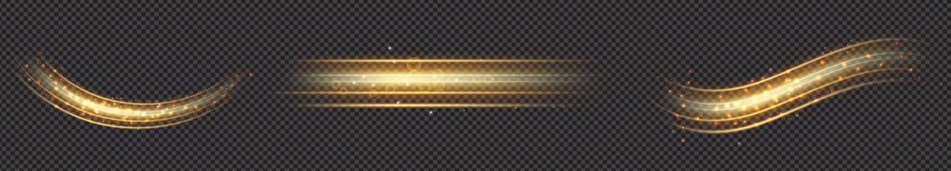 Golden wave whith trail of comet and sparkling gold stardust, effect bokeh. Luminescent wave with bright bokeh and sparkles trail on transparent background for magic design. © Elena