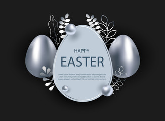 Happy Easter, easter bunny, easter background, easter banners, easter flyer, easter design. Abstract silver easter egg on black background. Vector eps10 illustration	