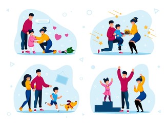 Fototapeta premium Family Life Happy Moments Trendy Flat Vector Concepts Set. Parents Calming Down Crying and Worried Child, Greeting Kid with Birthday, Playing with Dog, Celebrating Sport Victory Isolated Illustration