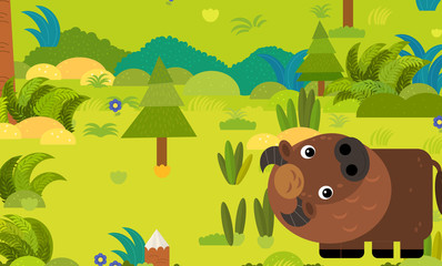 Obraz na płótnie Canvas cartoon forest scene with wild animal bison buffalo illustration for children