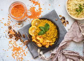 Lentil masala red dal cooked with cauliflower vegetables. Vegan Indian healthy food 
