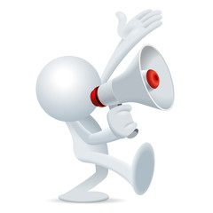 Cute little yellow Sim man walking right and making announcement with speaker