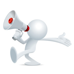 Cute little yellow Sim man walking left and making announcement with speaker